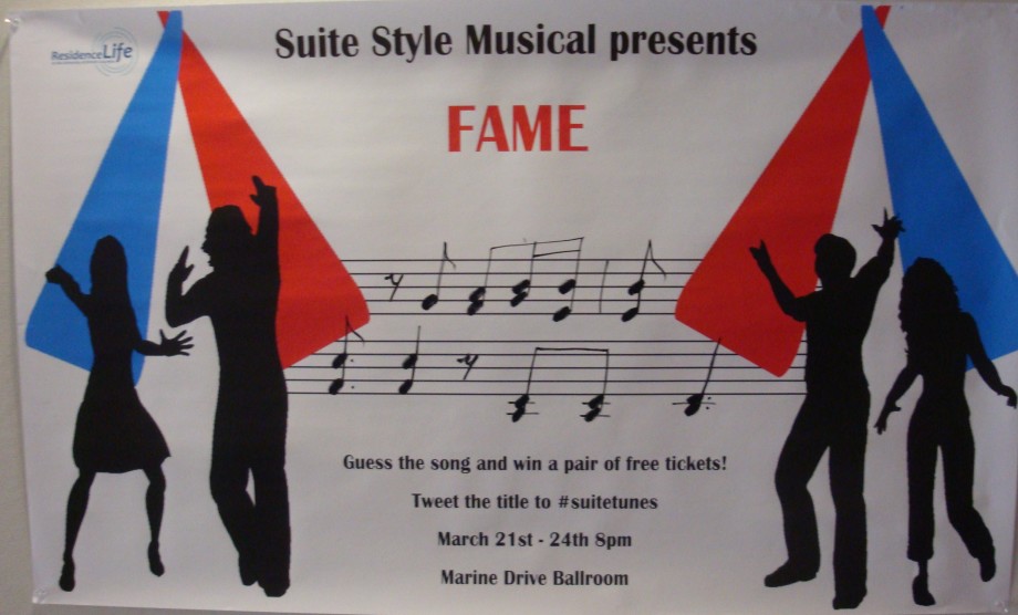 A poster with sheet music saying that you can win tickets by guessing the song.