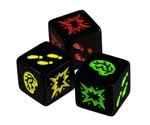 Three of the dice from the game