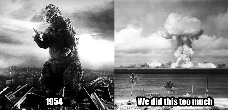 Meme showing that Godzilla 1954 portrays nukes negatively.