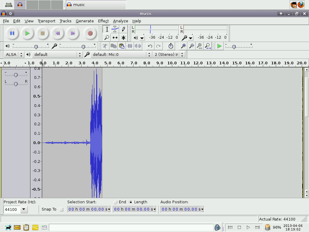 Audacity screenshot showing the amplitude of the loud sound.