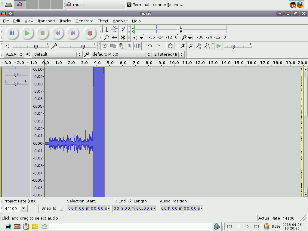Audacity screenshot showing the amplitude of the soft sound.