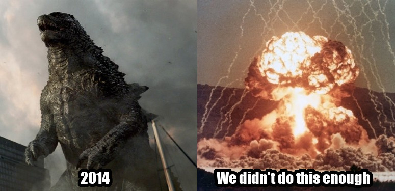 Meme showing that Godzilla 2014 portrays nukes positively.