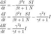 \begin{align*}  \frac{\textup{d}S}{\textup{d}t} &= -\frac{\beta^2 t}{\beta t + 1} \frac{S I}{N} \\<br />
\frac{\textup{d}I}{\textup{d}t} &= \frac{\beta^2 t}{\beta t + 1} \frac{S I}{N} - \frac{\gamma^2 t}{\gamma t + 1} I \\<br />
\frac{\textup{d}R}{\textup{d}t} &= \frac{\gamma^2 t}{\gamma t + 1} I  \end{align*}